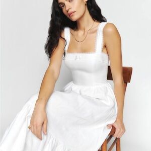 Reformation Rowan White Square-Neck Linen Midi Dress